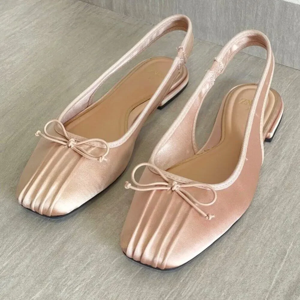 ZARA Blush Pink Satin Slingback Ballet Flats Bow Rounded Toe NWT 7.5